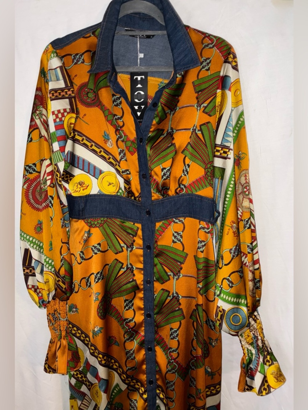 TOV Holy Patterned Maxi Shirt Button Dress With Denim Trim Size 40 New With Tag - Picture 3 of 11